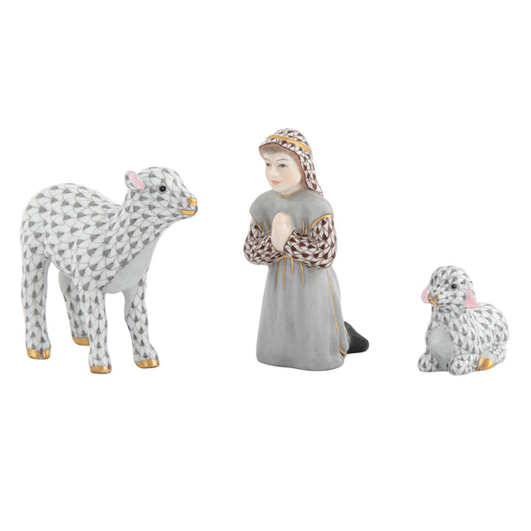 Herend Shepherd Boy And Lambs - 3 Piece Set Figurine